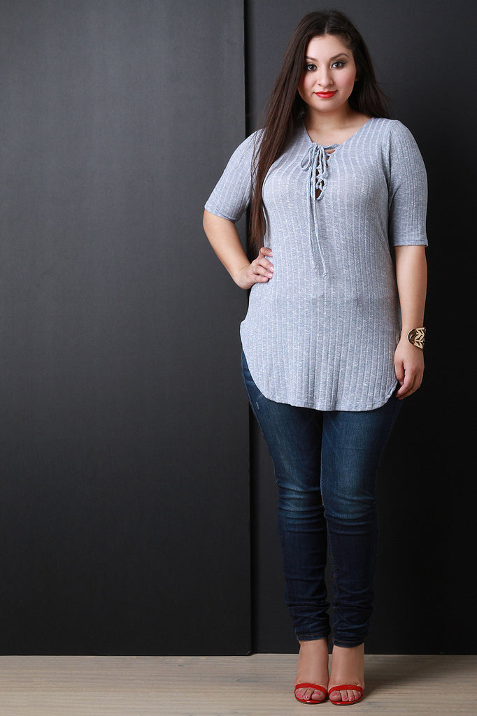 Melange Ribbed Lace Up Tunic Top
