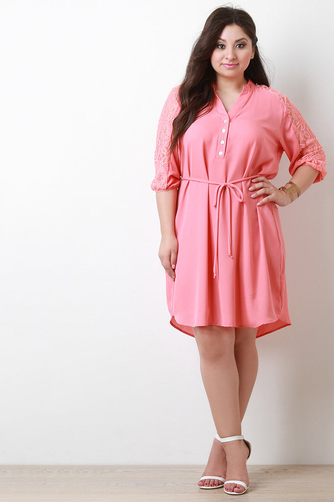 Floral Lace Accent Button-Up Midi Dress