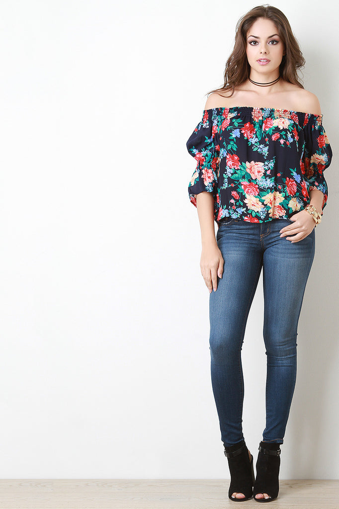 Floral Bardot Puff Ruffle Sleeve Top
