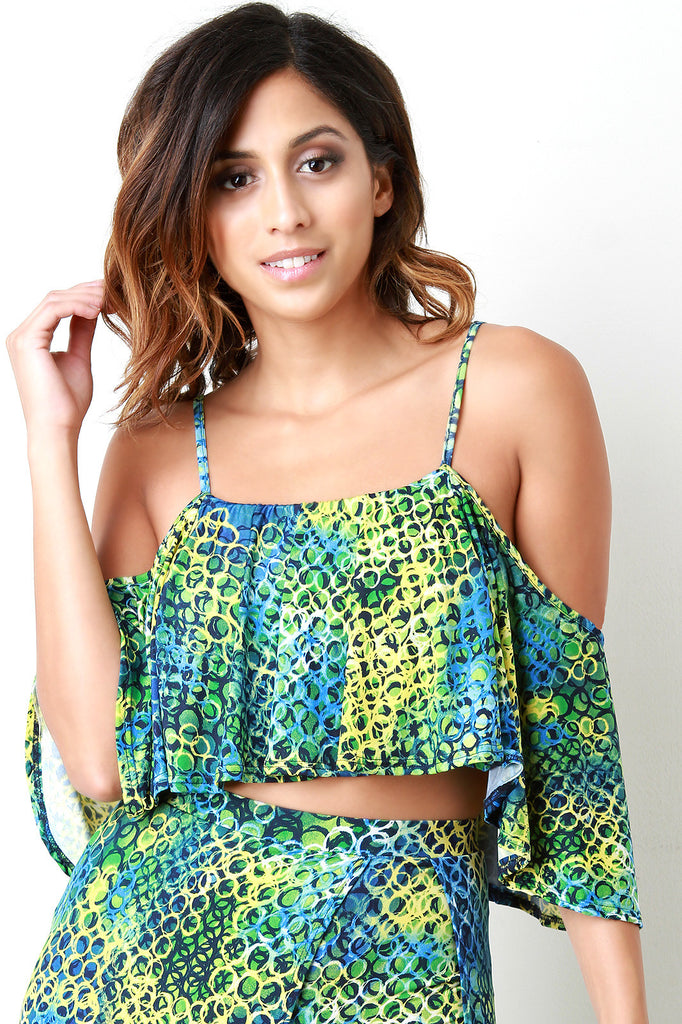 Abstract Circle Cold Shoulder Ruffle Crop Top