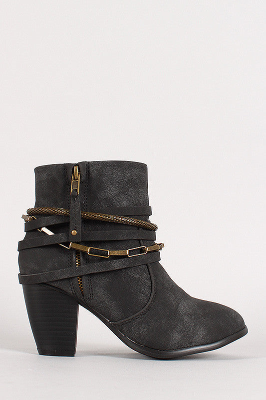 Liliana Strappy Chain Round Toe Cowboy Ankle Booties