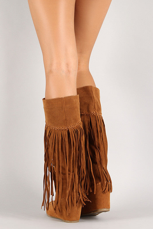 Suede Fringe Knee High Wedge Boot