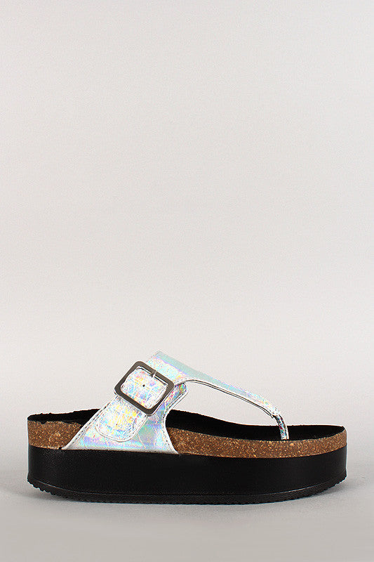 Wild Diva Lounge Iridescent Thong Open Toe Footbed Platform Flat Sandal