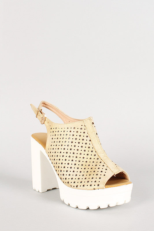 Perforated Metallic Stars And Circles Slingback Lug Sole Heel