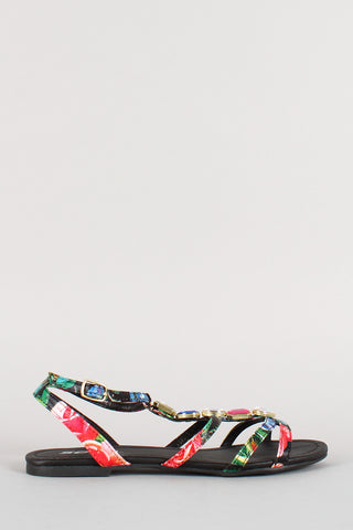 Soda Floral Jeweled Strappy Open Toe Flat Sandal