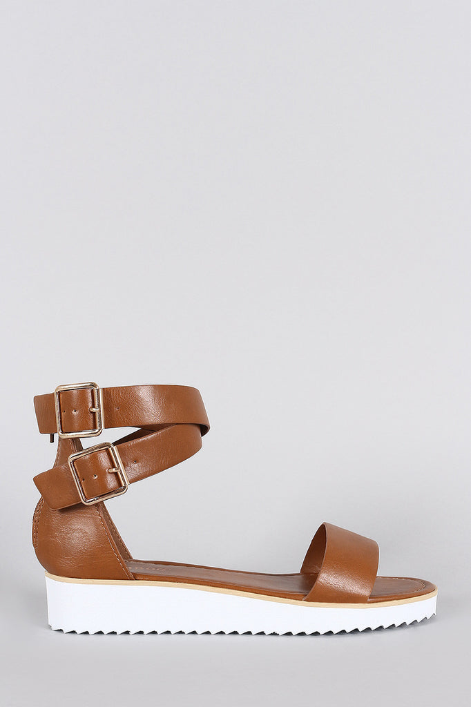 Bamboo Leather Ankle Straps Flatform Sandal