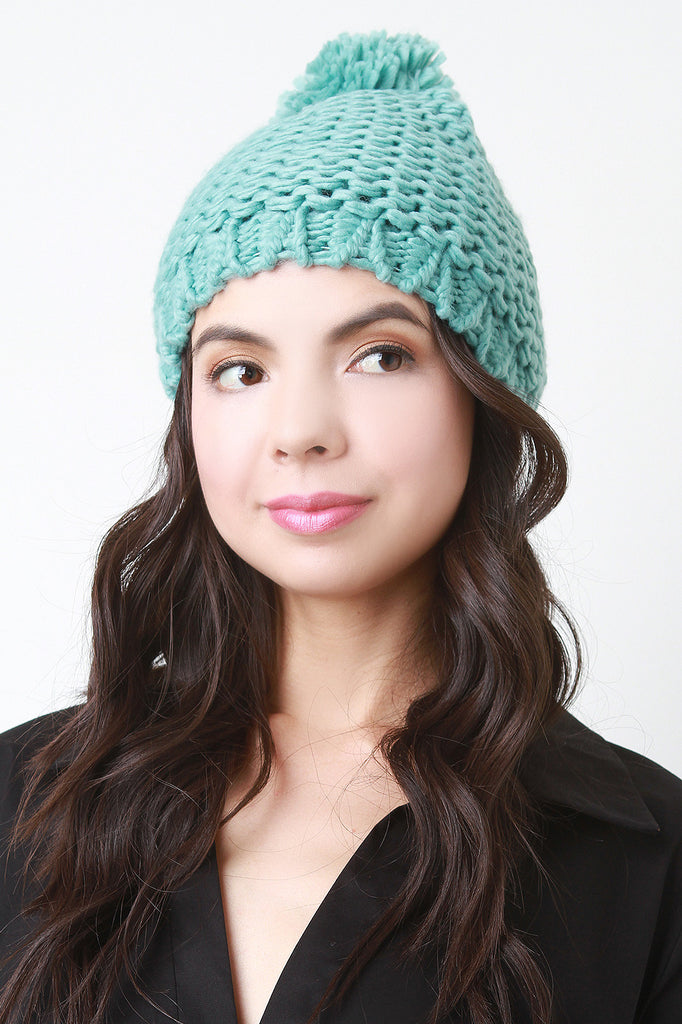 Loose Knit Pom Pom Beanie