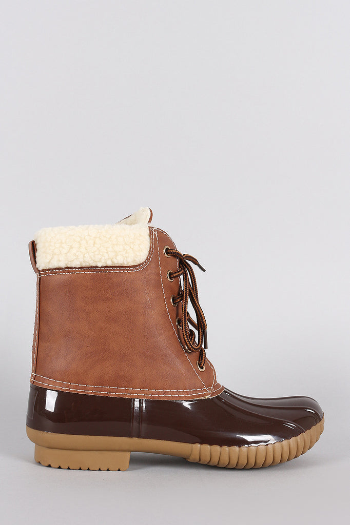 Faux Shearling Cuff Lace Up Duck Ankle Boots