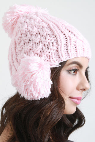 Mixed Cable Knit Triple Pom Pom Beanie