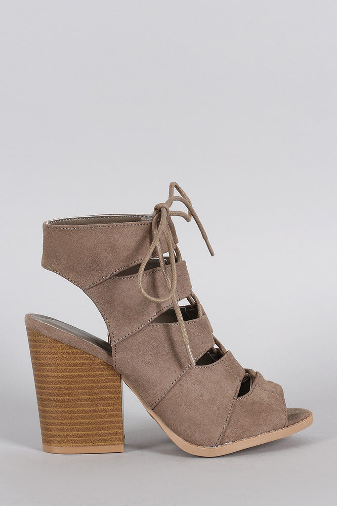 Qupid Lace Up Cutout Cage Chunky Heel