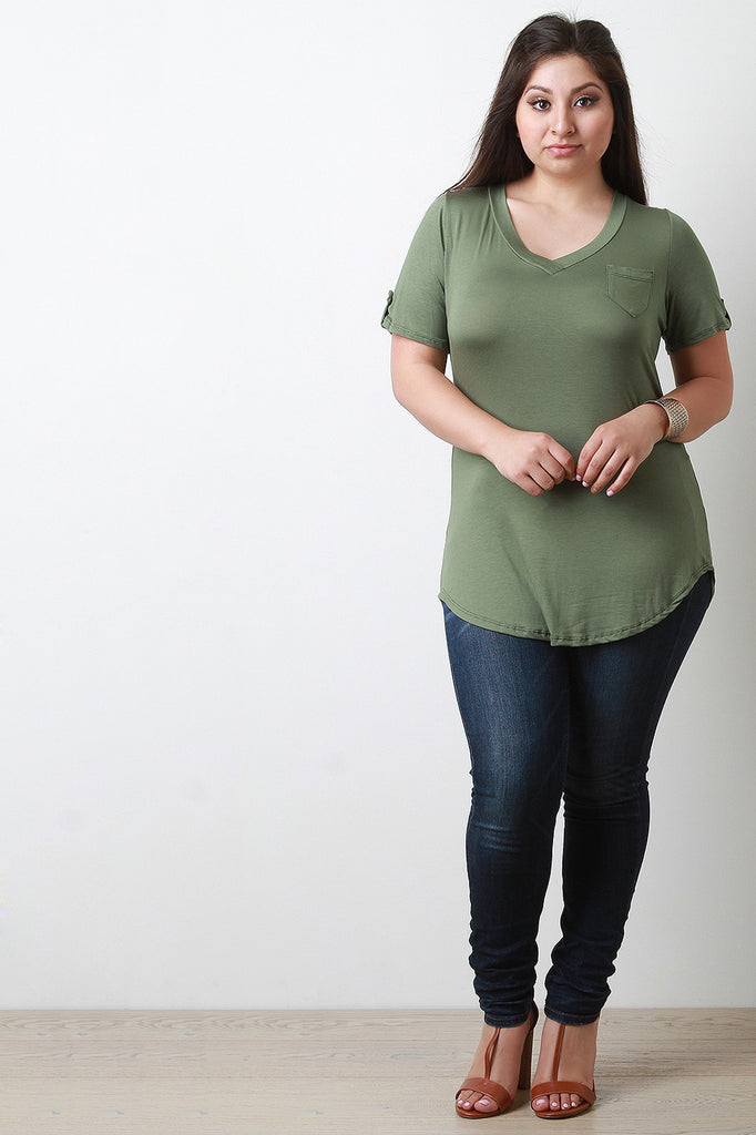 V-Neck Pocket Tab Sleeve Round Hem Top