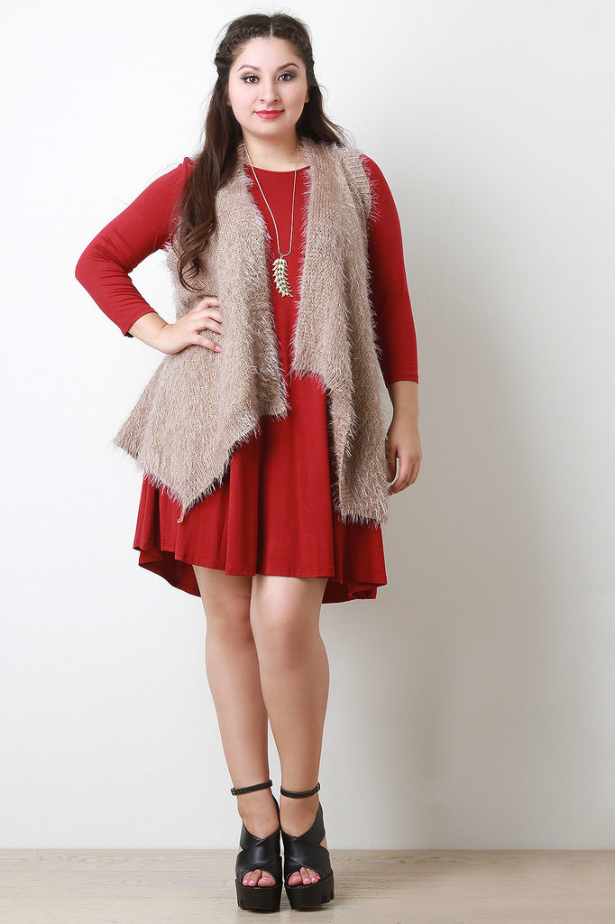 Back Contrast Knit Sleeveless Drape Faux Fur Vest