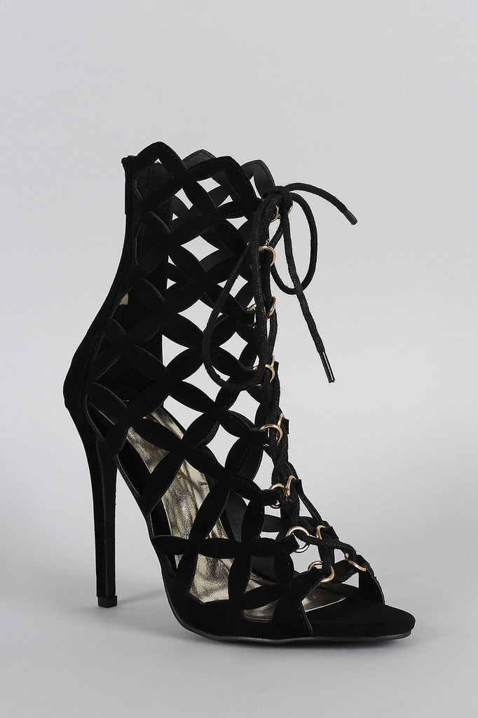 Liliana Caged Laser Cut Lace Up Heel