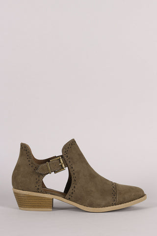 Qupid Perforated Suede Buckled Cutout Cowgirl Ankle Boots