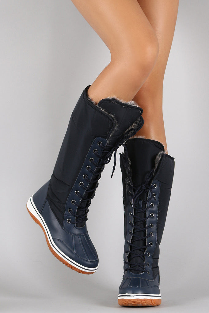 Puffy Nylon Lace Up Knee High Duck Boots