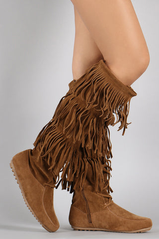 Lace Up Suede Fringe Knee High Boots