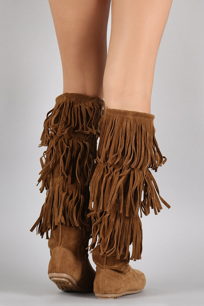 Lace Up Suede Fringe Knee High Boots