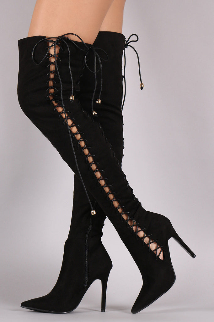 Suede Corset Lace Up Pointy Toe Stiletto Over-The-Knee Boots