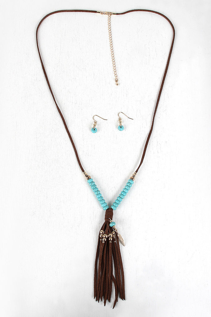 Beads And Feather Suede Fringe Necklace Set