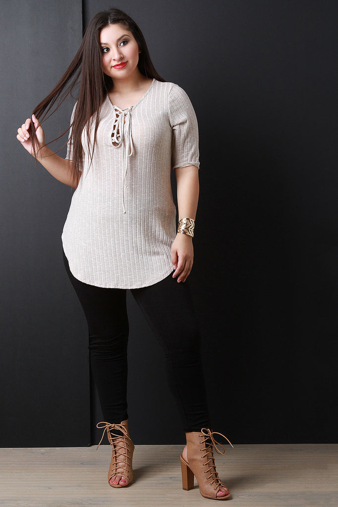 Melange Ribbed Lace Up Tunic Top