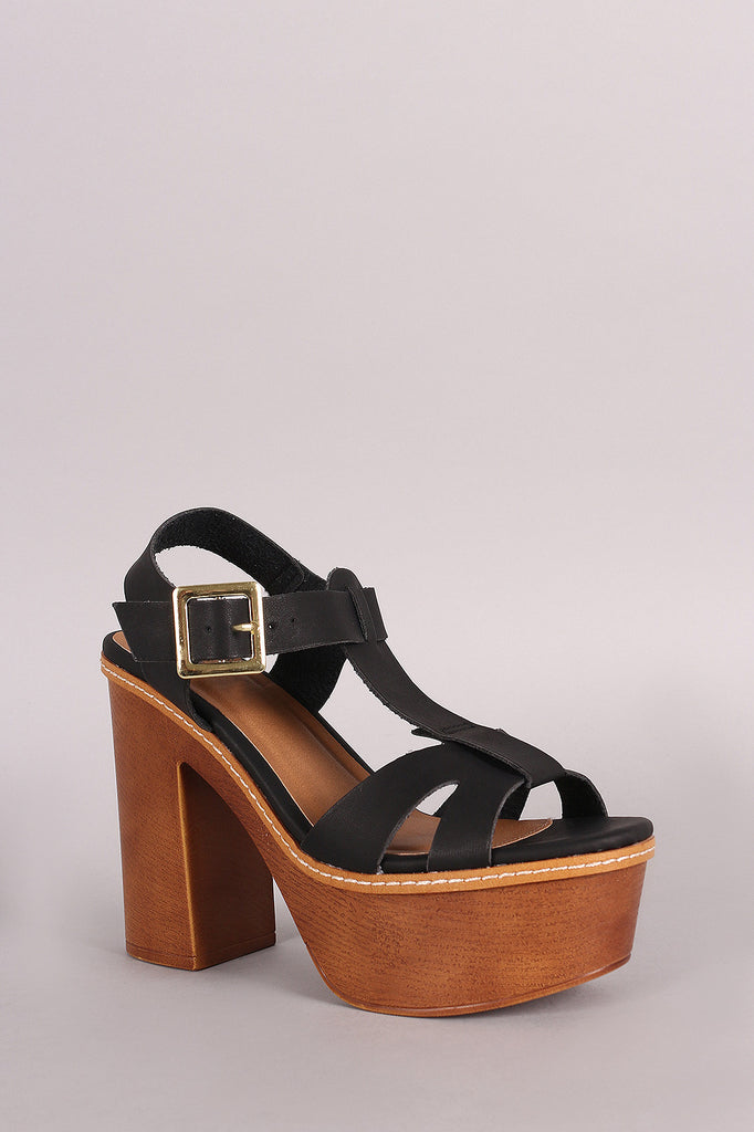 Qupid T-Strap Chunky Faux Wooden Platform Heel