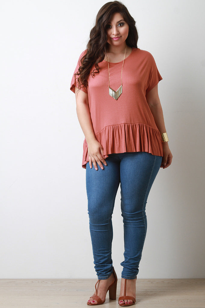 Rib Knit Short Sleeve Peplum Top