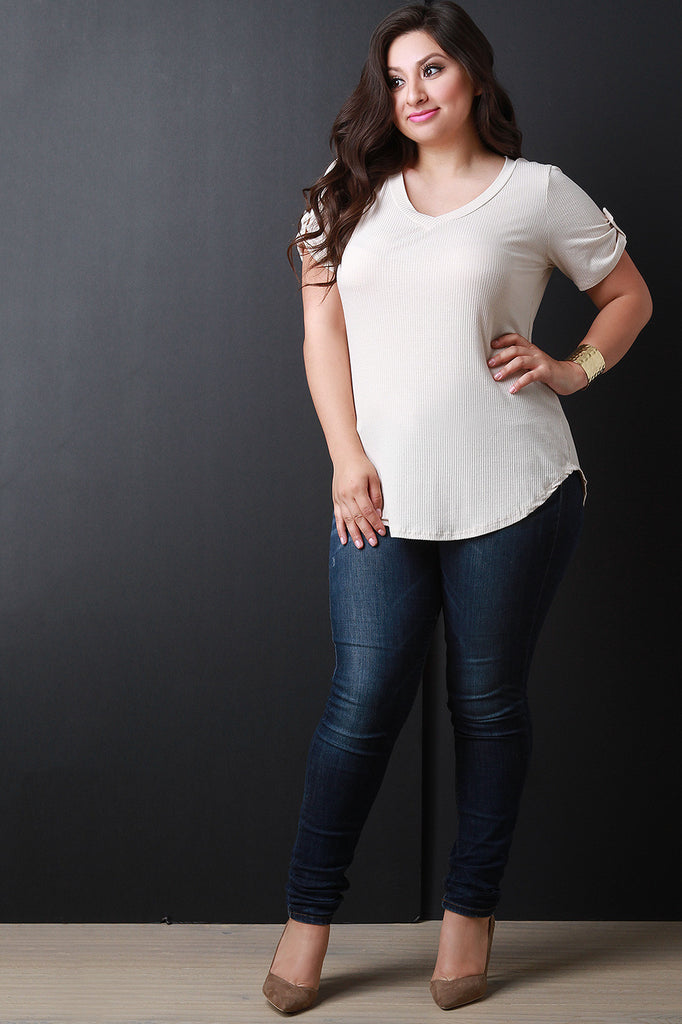 V-neck Tab Sleeve Round Hem Top