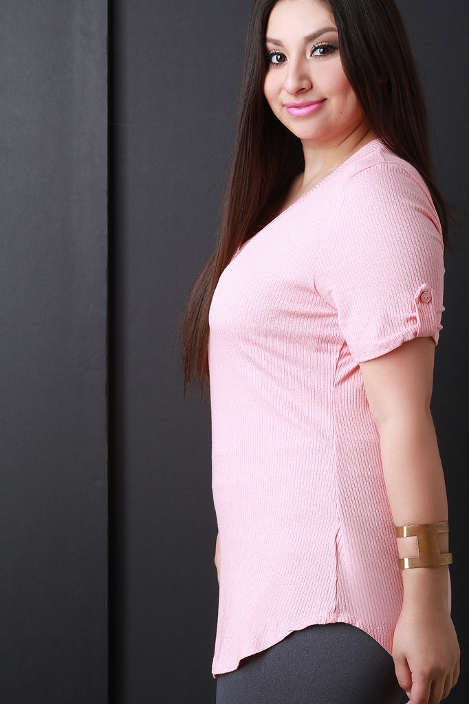 V-neck Tab Sleeve Round Hem Top