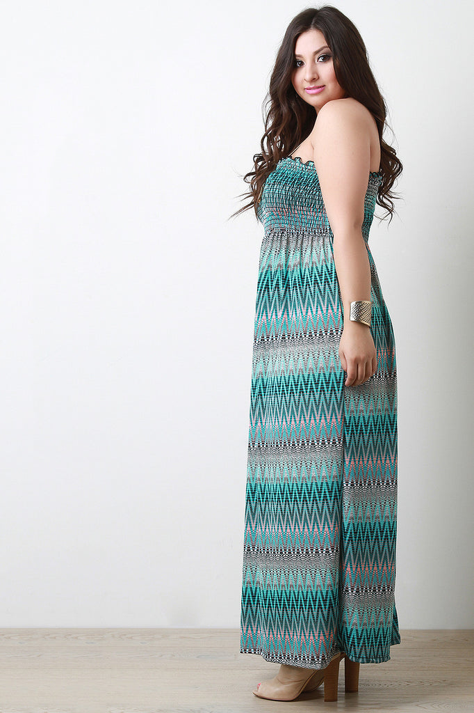 Zig Zag Empire Waist Strapless Maxi Dress