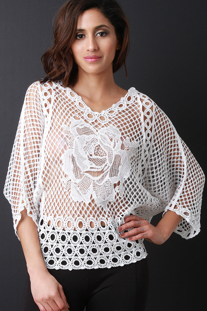 V Neck Rosette Crochet Dolman Sleeve Top