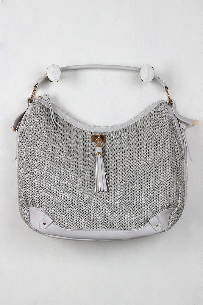 Straw and Vegan Leather Tassel Handbag