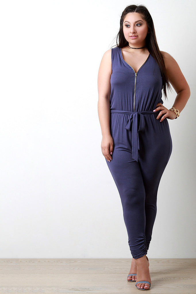 Zipper Accent Waist-Tie Sleeveless Jumpsuit