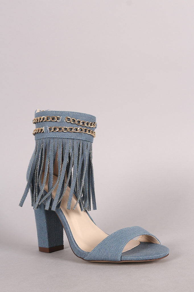 Denim Chained Fringe Cuff Chunky Heel