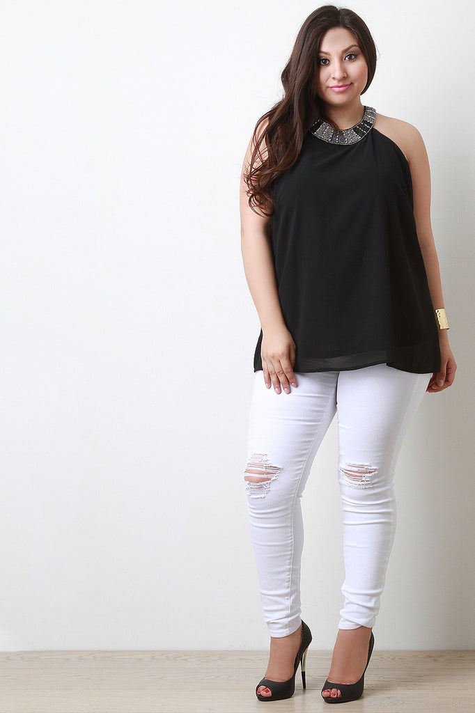 Rhinestone Mock Neck Sleeveless Top