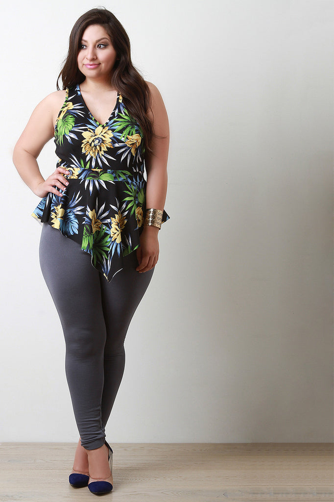 Tropical Print V-Neck Asymmetrical Peplum Top