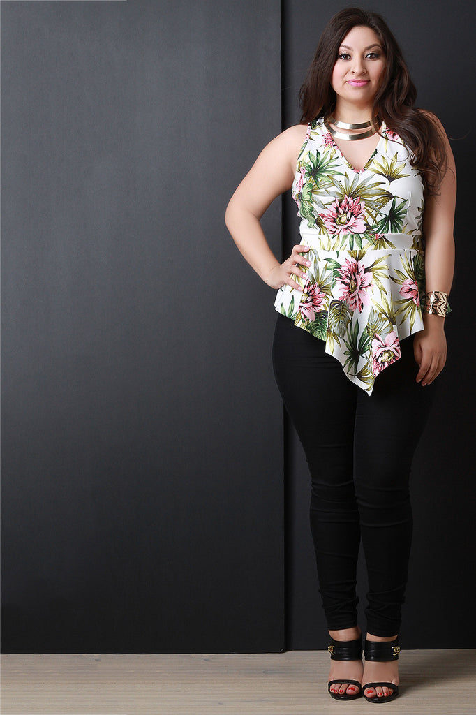 Tropical Print V-Neck Asymmetrical Peplum Top