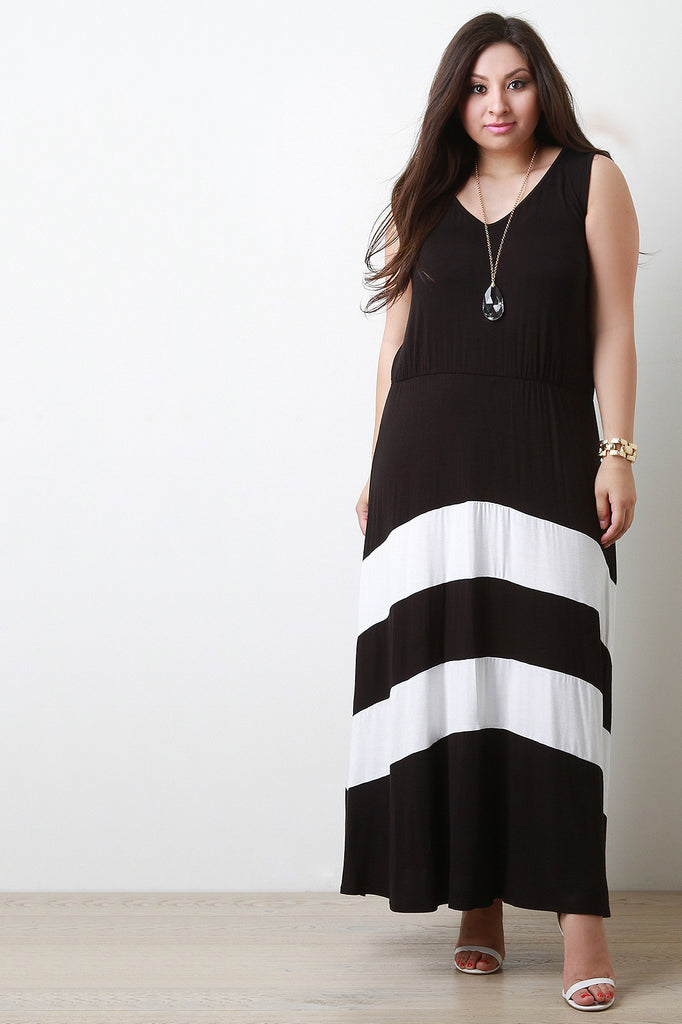 Jersey Knit Striped V-Neck Sleeveless Maxi Dress