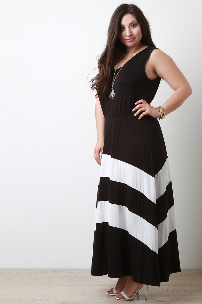 Jersey Knit Striped V-Neck Sleeveless Maxi Dress