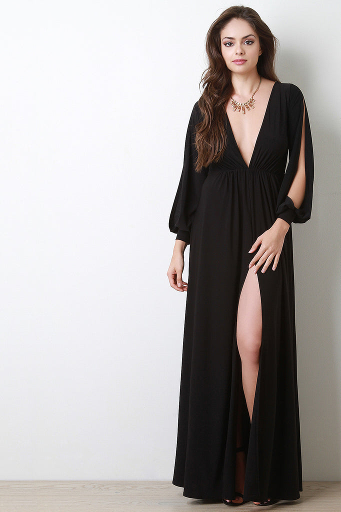 Deep V Neck Thigh High Slit Maxi Dress