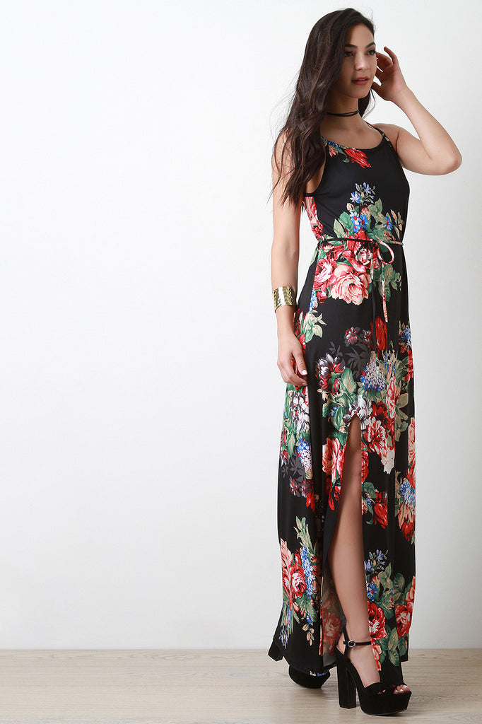 Floral Print Deep Slit Sleeveless Waist-Tie Maxi Dress