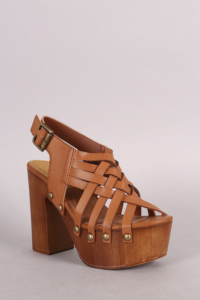 Qupid Woven Strappy Chunky Wooden Platform Heel