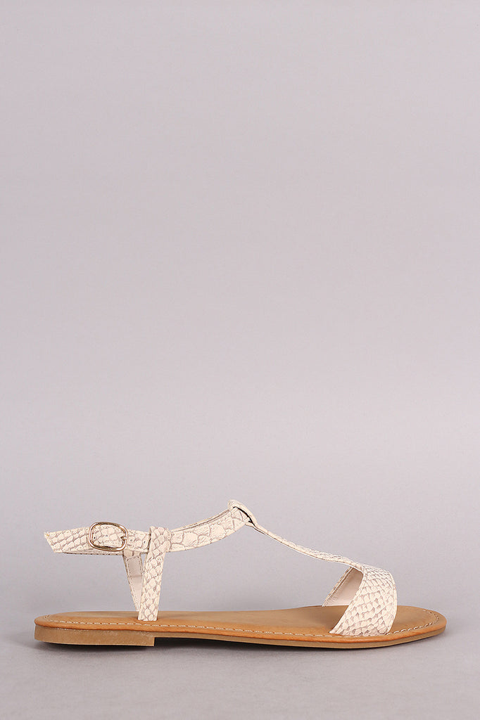 Bamboo Snake Embossed T-Strap Open Toe Flat Sandal