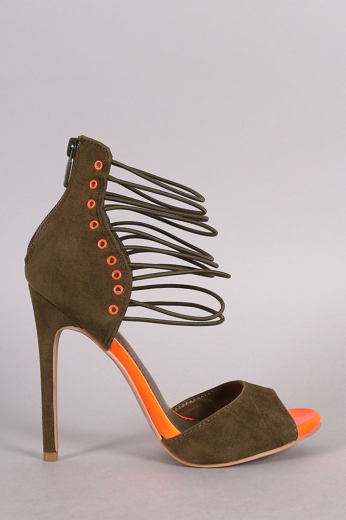 Suede Grommet Strappy Ankle Cuff Stiletto Heel