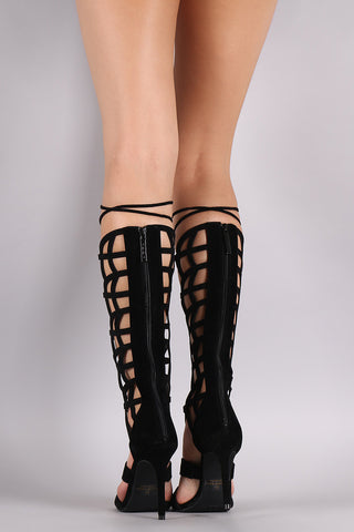 Suede Caged Lace Up Stiletto Heel