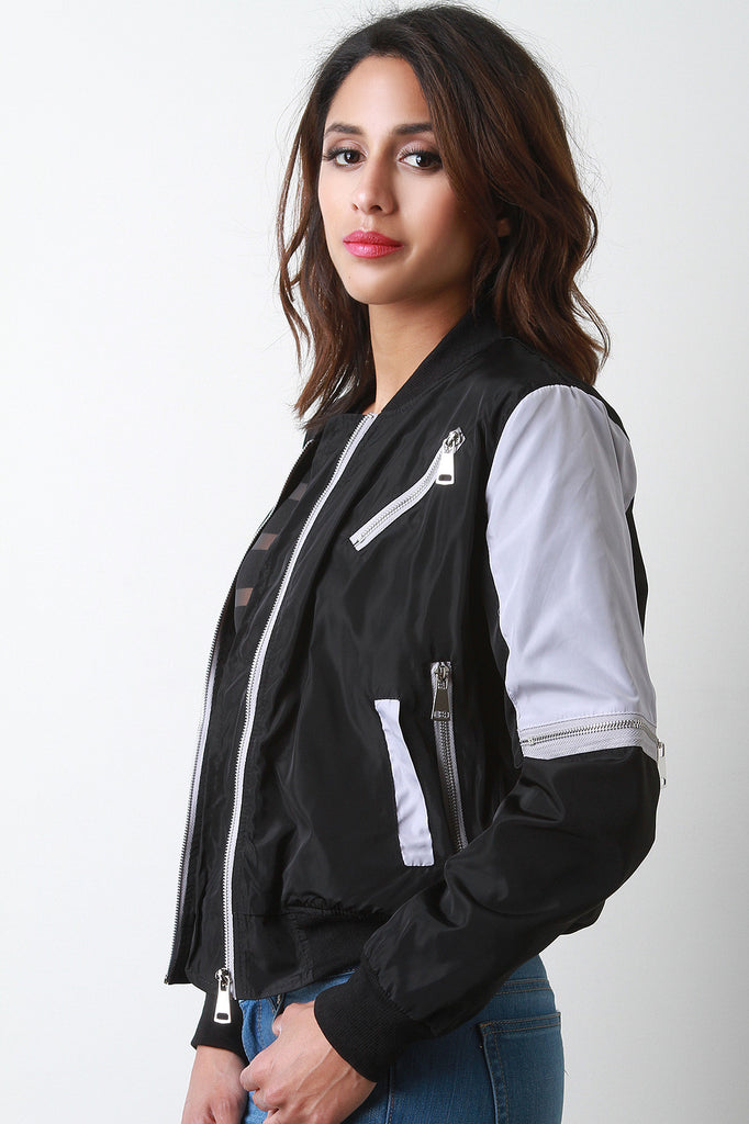 Two-Tone Zipper Bomber Jacket