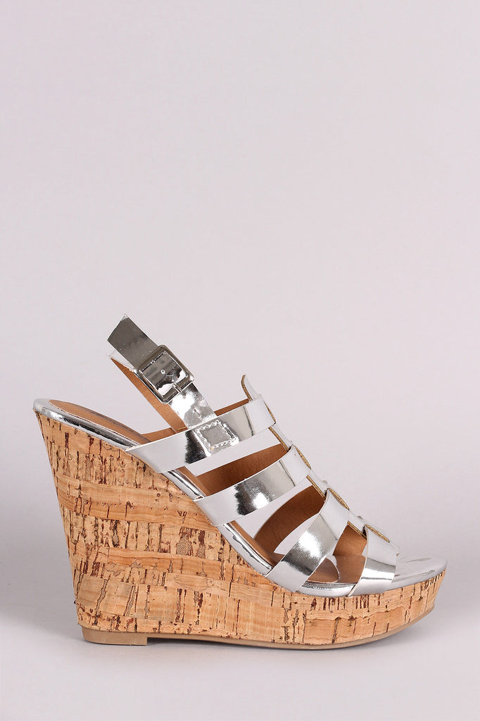 Qupid Mirror Metallic Strappy Slingback Platform Wedge