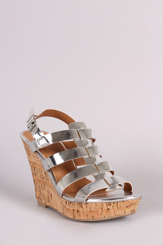 Qupid Mirror Metallic Strappy Slingback Platform Wedge