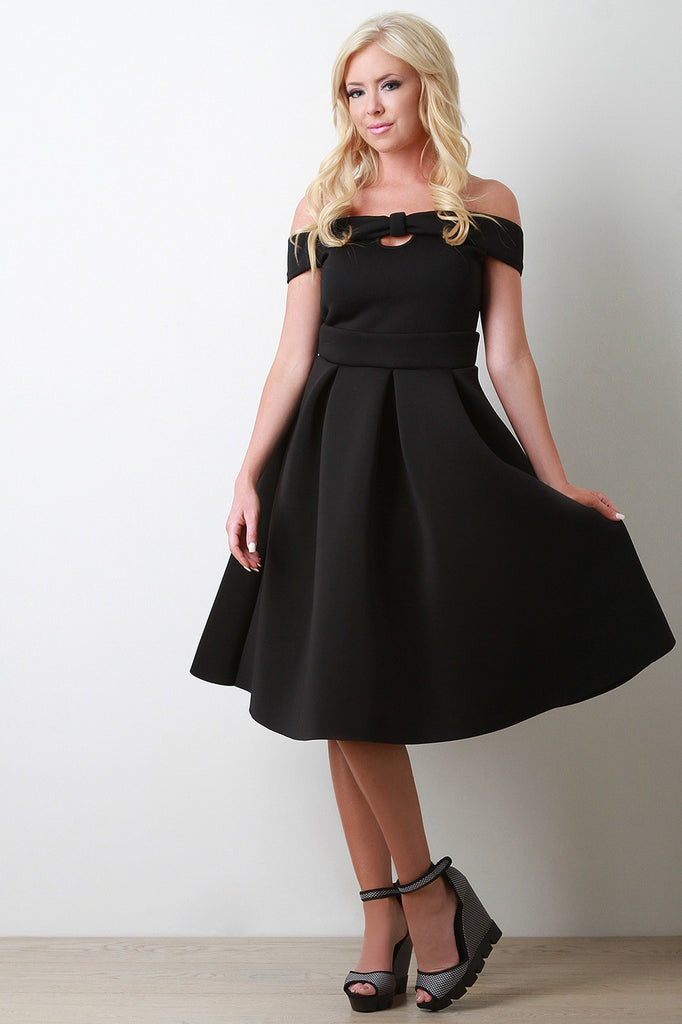 Neoprene Bardot Off the Shoulder Bow Crop Top