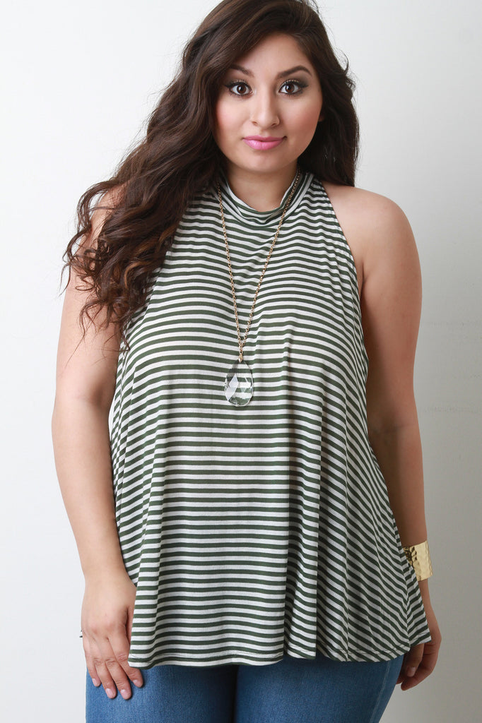 Striped Jersey Knit Mock Neck Sleeveless Top