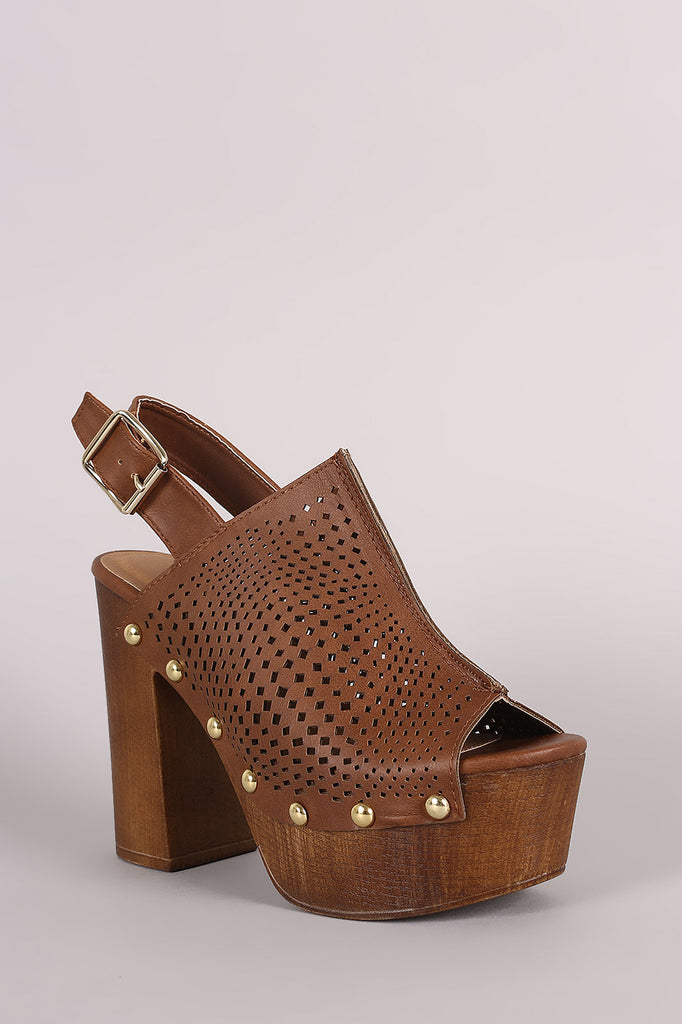 Qupid Perforated Slingback Studded Chunky Platform Mule Heel